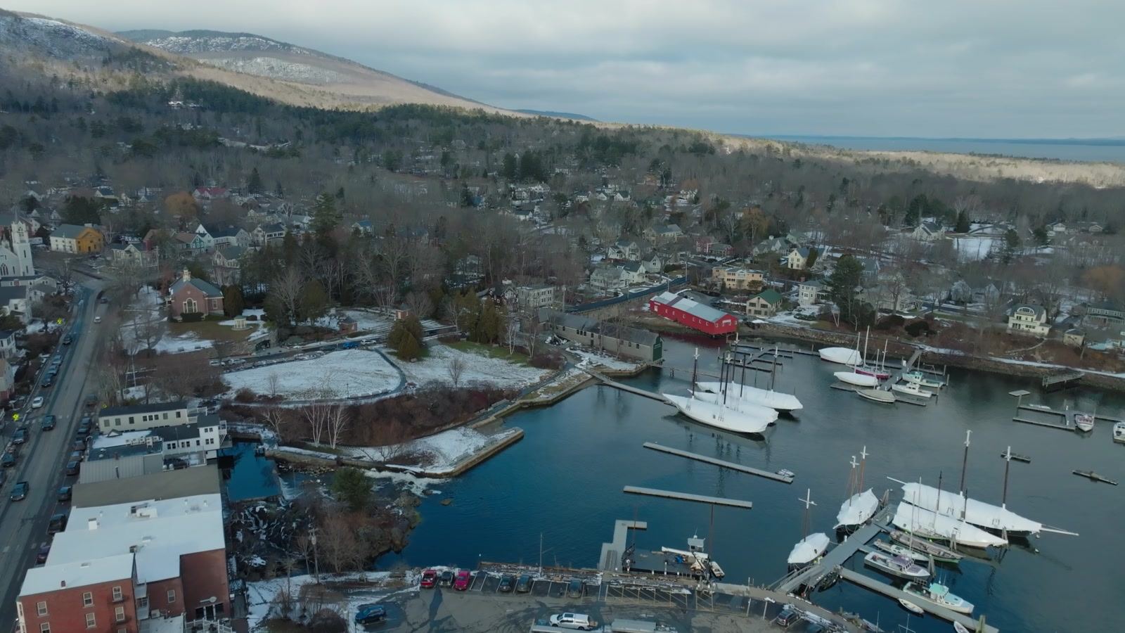 Aerial view of Camden harbor, Maine, with boats at their moorings