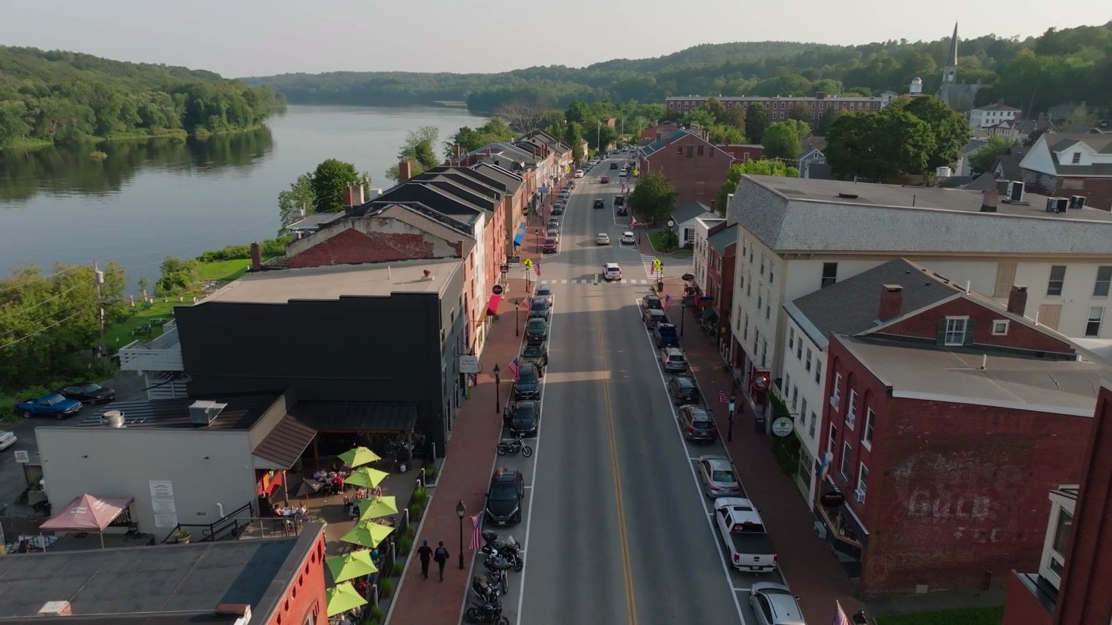 Aerial view along Water Street in Hallowell, Maine, beside the Kennebec River